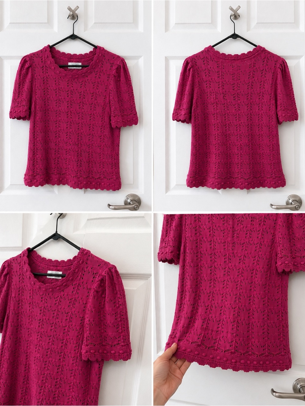 Anthropologie Raspberry Crochet Knit Short Sleeve Top